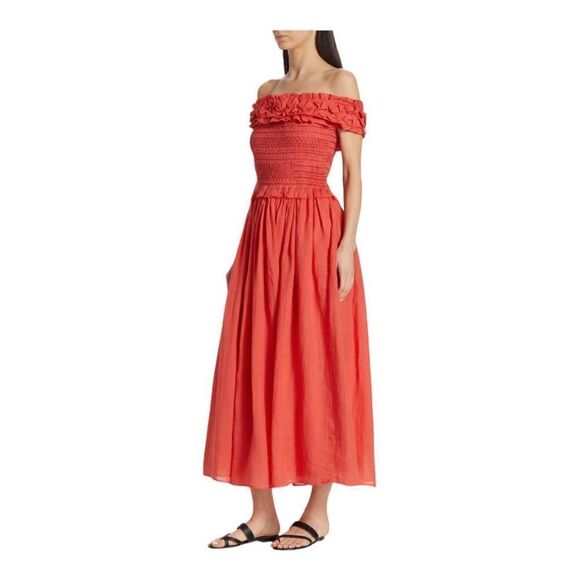 SEA Frida Red Ruffled Off-the-Shoulder Midi Dress Size Small - Picture 3 of 12